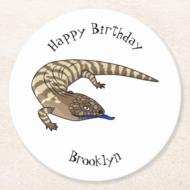Blue tongue lizard reptile cartoon round paper coaster (Front)