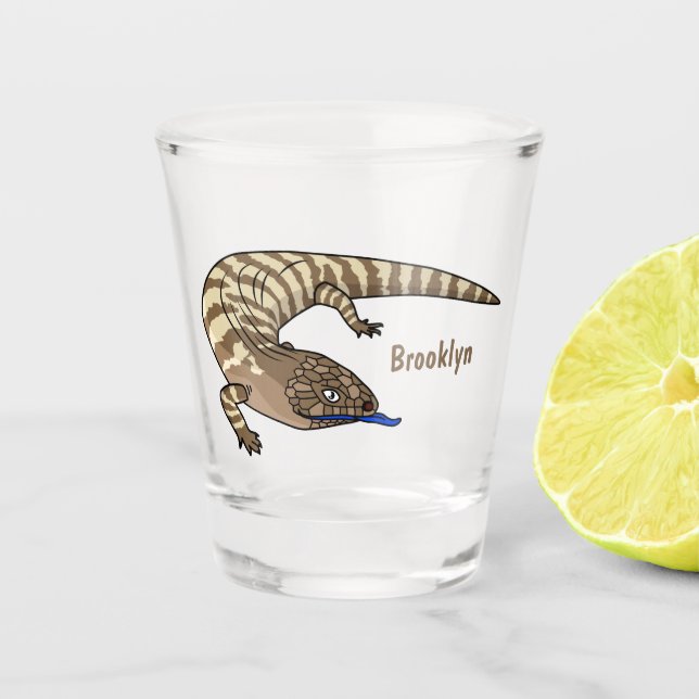 Blue tongue lizard reptile cartoon shot glass (Front)