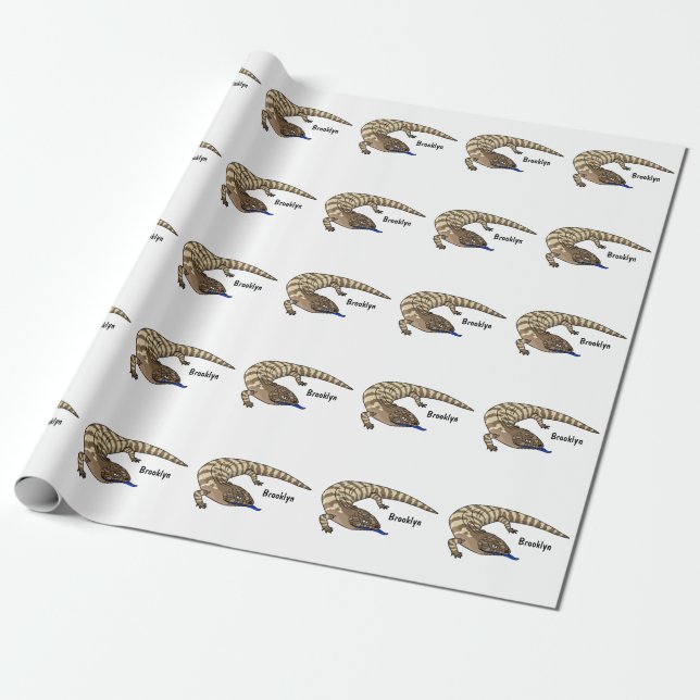 Blue tongue lizard reptile cartoon wrapping paper (Unrolled)