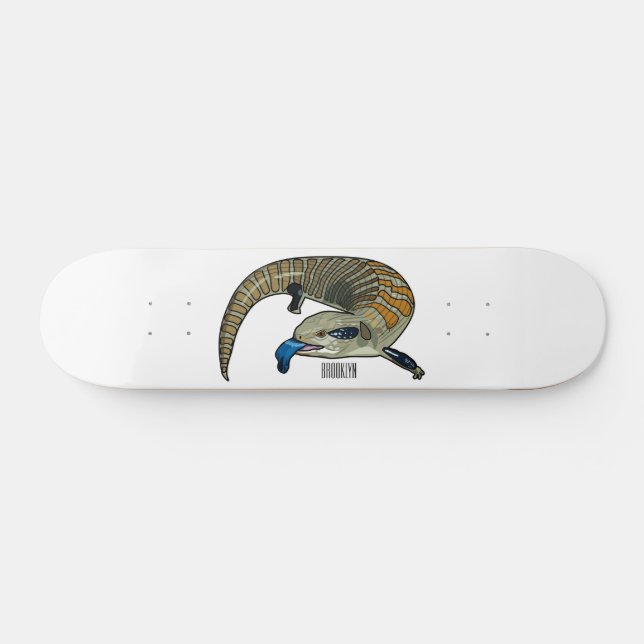 Blue-tongued skink cartoon illustration skateboard (Horz)