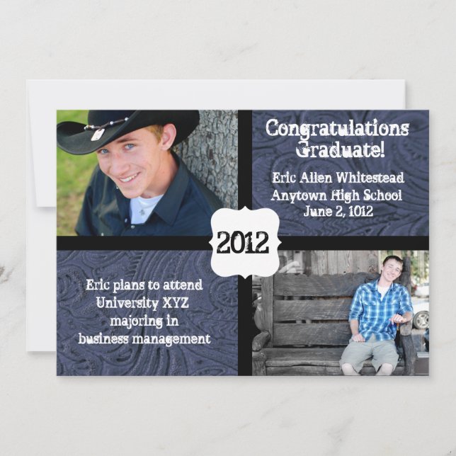 Blue Tooled Leather Photo Graduation Announcement (Front)
