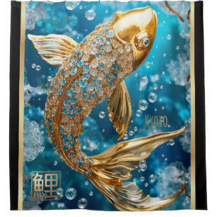 Blue Topaz Gold Koi Fish Shower Curtain