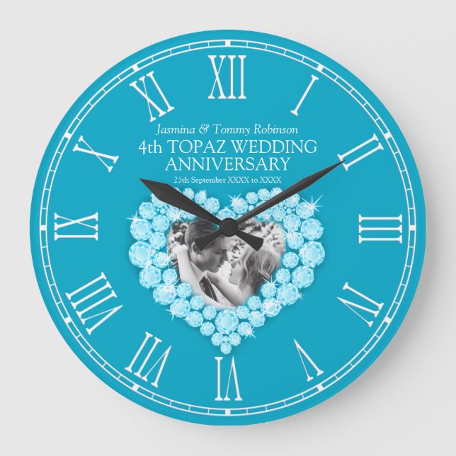 Blue topaz photo heart 4th wedding anniversary large clock (Front)