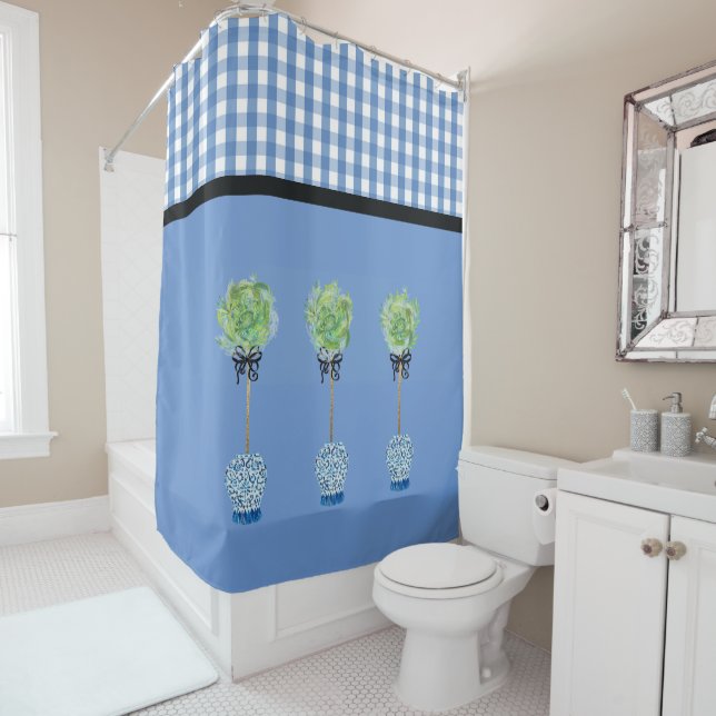 Blue Topiary Blue and White Ginger Jar Shower Curtain (In Situ)
