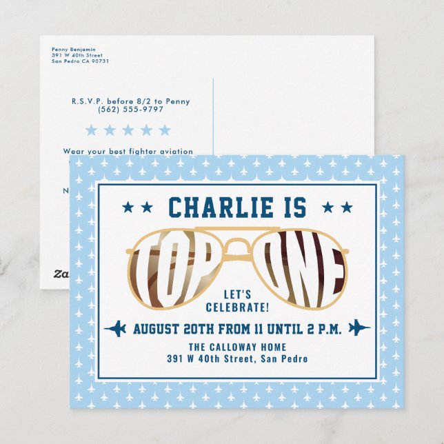 Blue TopOne Fighter Pilot Themed First Birthday Postcard (Front/Back)