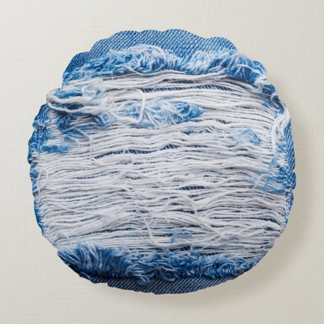 Blue torn denim jeans texture with space for text round cushion (Front)