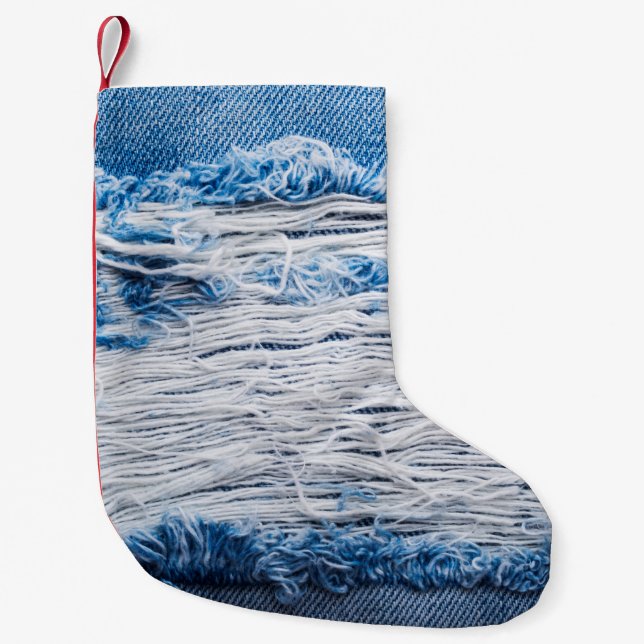 Blue torn denim jeans texture with space for text small christmas stocking (Front)