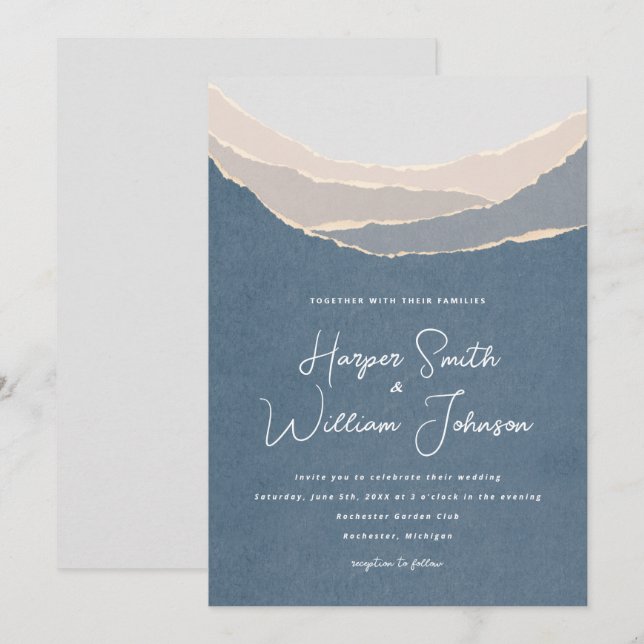 blue torn paper mountains wedding invitation (Front/Back)