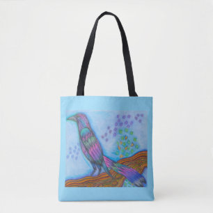 Blue Tote Bag With Rainbow Great Tailed Grackle 