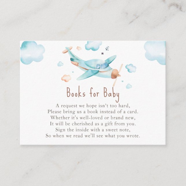 Blue Toy Aeroplane Boy Baby Shower Book Request Enclosure Card (Front)