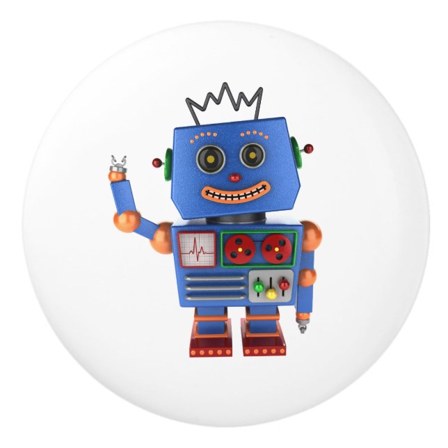 Blue toy robot waving hello ceramic knob (Front)