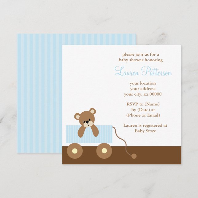 Blue Toy Wagon Bear Baby Shower Invitation (Front/Back)