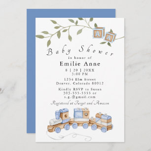 Blue Toys, Train and Blocks Baby Shower Invitation