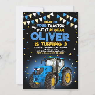 Blue Tractor 3rd Birthday Party Invitation