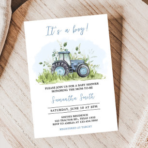 Blue Tractor Baby Shower Invitation