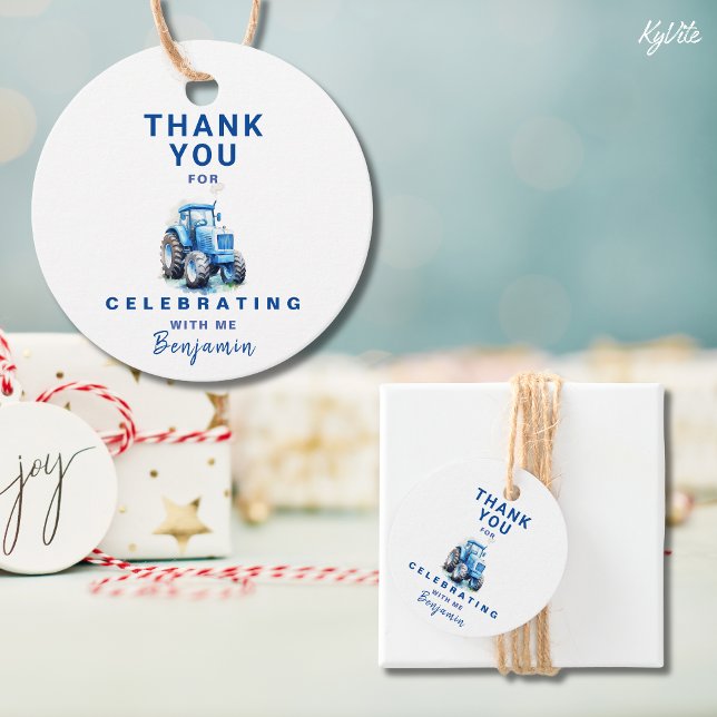 Blue Tractor Birthday Circle Favour Gift Tag  (Creator Uploaded)
