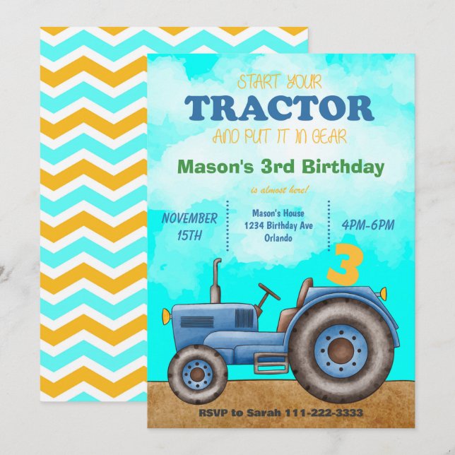 Blue Tractor Birthday Invitation (Front/Back)