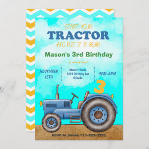 Blue Tractor Birthday Invitation