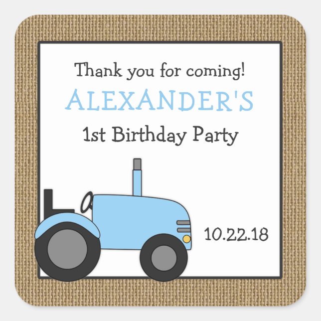 Blue tractor birthday party favour sticker (Front)