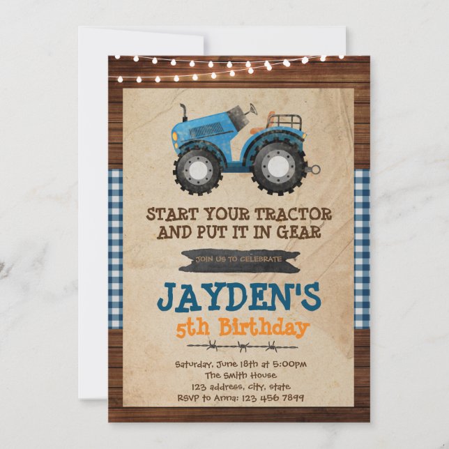 Blue tractor birthday party invitation (Front)