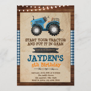 Blue tractor birthday party invitation