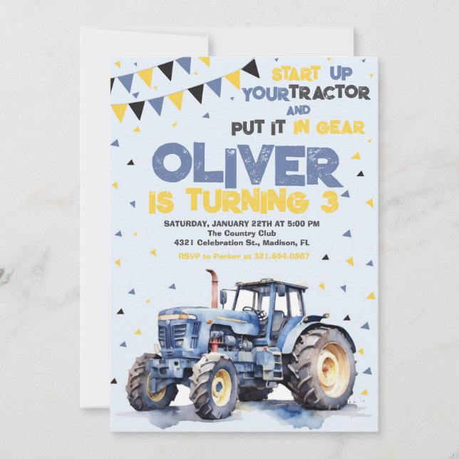 Blue Tractor Birthday Party Invitation (Front)