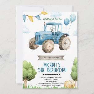 Blue tractor birthday party invitation