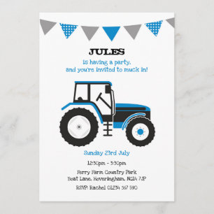 Blue Tractor Birthday Party Invite