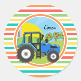 Blue Tractor; Bright Rainbow Stripes Classic Round Sticker