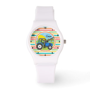 Blue Tractor; Bright Rainbow Stripes Watch