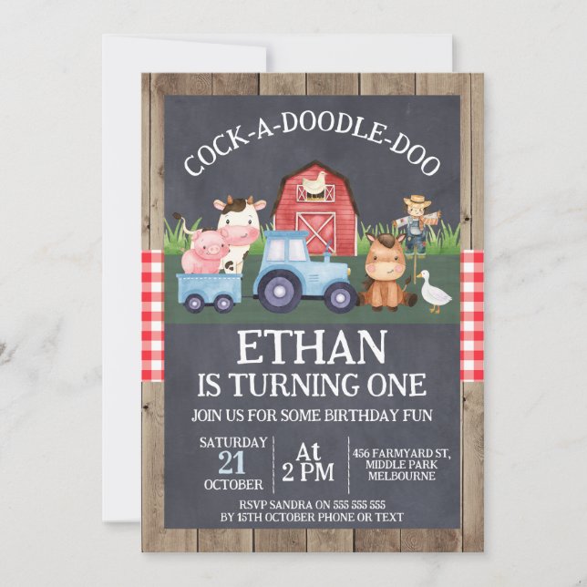 Blue Tractor Chalkboard Wood Farm Birthday Invitation (Front)