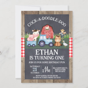 Blue Tractor Chalkboard Wood Farm Birthday Invitation