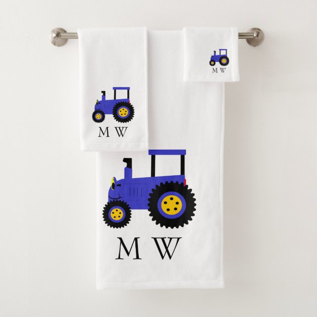 Blue Tractor Design Monogrammed Bath Towel Set (Insitu)