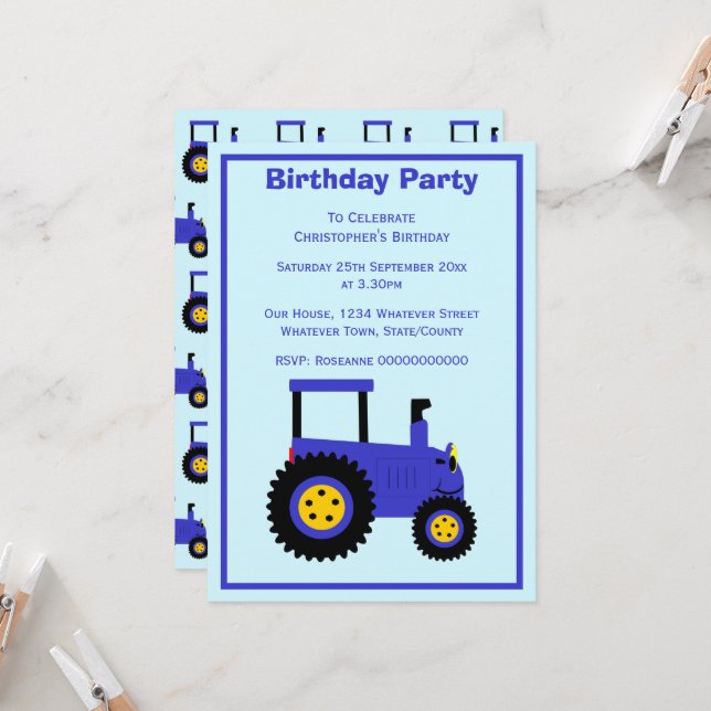 Blue Tractor Design Personalised Birthday Party Invitation (Front/Back In Situ)