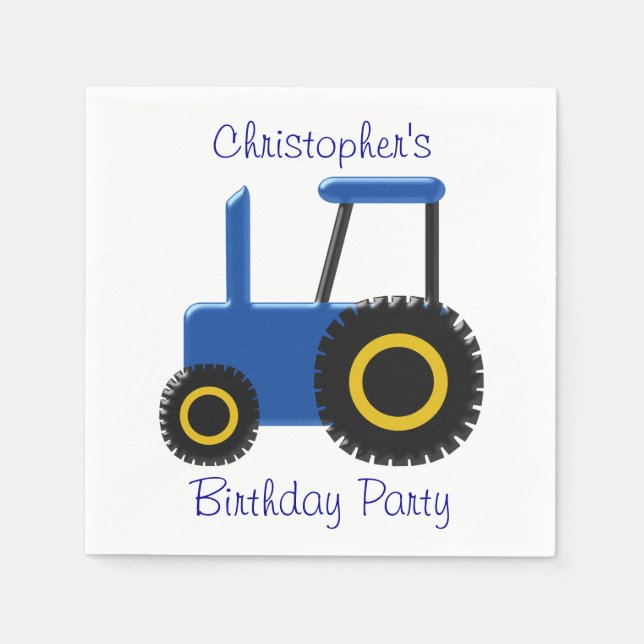Blue Tractor Design Personalised Birthday Party Napkin (Front)