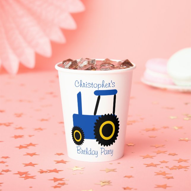 Blue Tractor Design Personalised Birthday Party Paper Cups (Insitu)