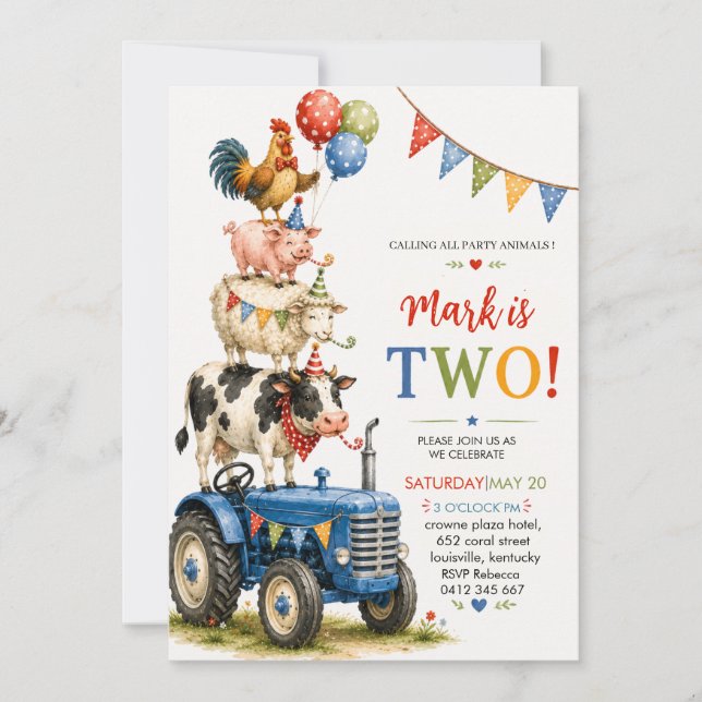 Blue Tractor Farm Animals Second Birthday Invitation (Front)
