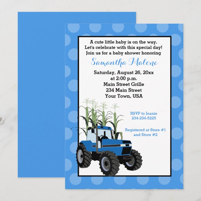 Blue Tractor Farming Baby Shower Invitation (Front/Back)