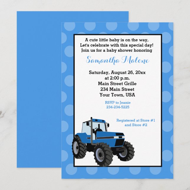 Blue Tractor Farming Baby Shower Invitation #2 (Front/Back)