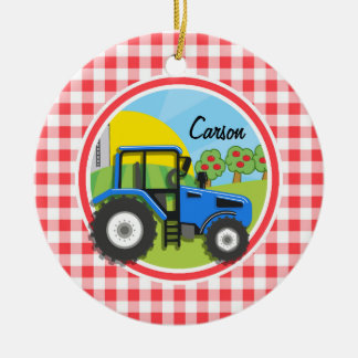 Blue Tractor; Red and White Gingham Ceramic Tree Decoration