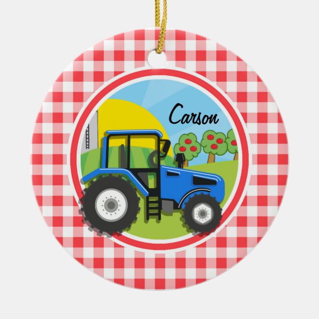 Blue Tractor; Red and White Gingham Ceramic Tree Decoration (Front)