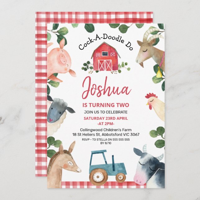 Blue Tractor Red Plaid Farm Farmyard Birthday Invitation (Front/Back)