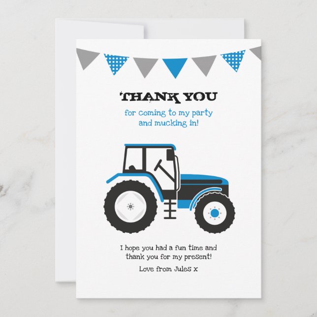 Blue Tractor Thank You Note Card (Front)