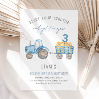 Blue Tractor & Trailer Any Age Birthday Party Invitation