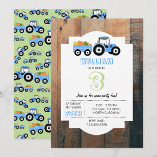 Blue Tractor Truck Farm Produce Birthday Invitation