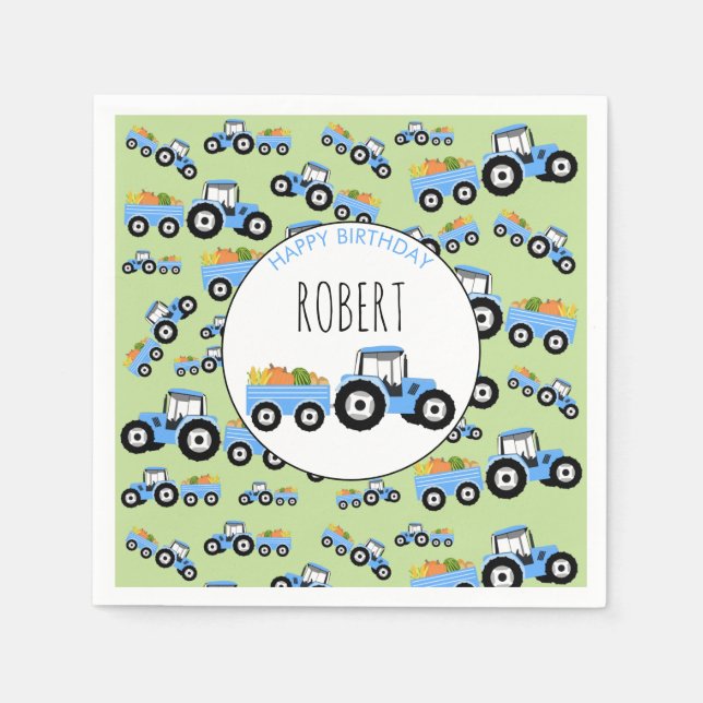 Blue Tractor Truck Farm Produce Birthday Napkin (Front)