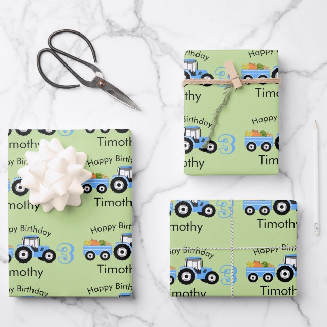 Blue Tractor Truck Farm Produce Name & Age Wrapping Paper Sheet (Front)