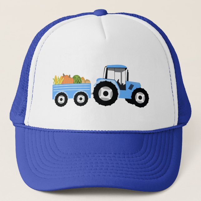 Blue Tractor Truck Farm Produce Trucker Hat (Front)