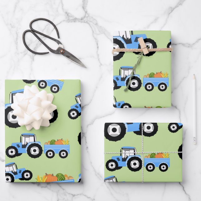 Blue Tractor Truck Farm Produce Wrapping Paper Sheet (Front)