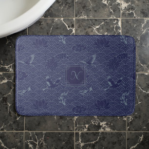 Blue Traditional Japanese Wave Seigaiha Monogram Bath Mat